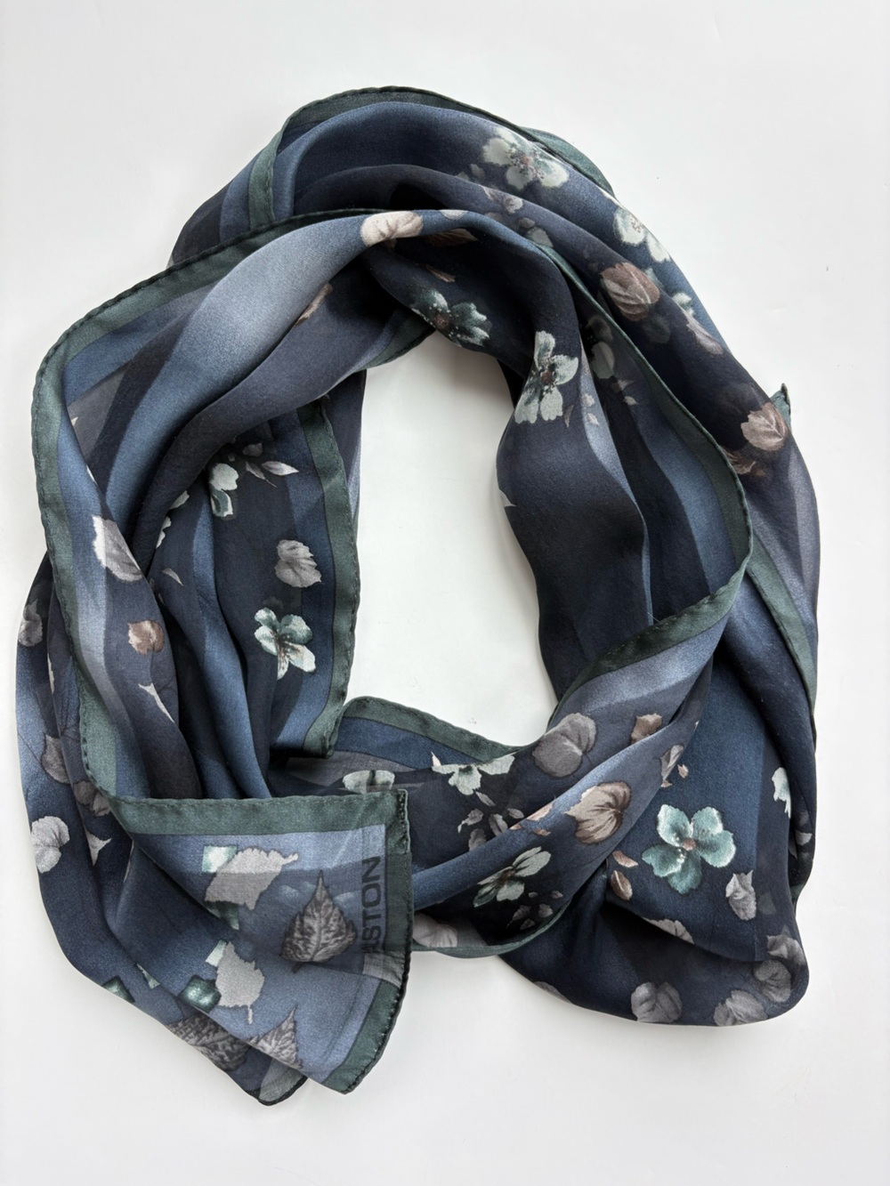 Halston 100% Silk Floral Rectangular Scarf Midnight Blue Gray Soft Goth Luxury